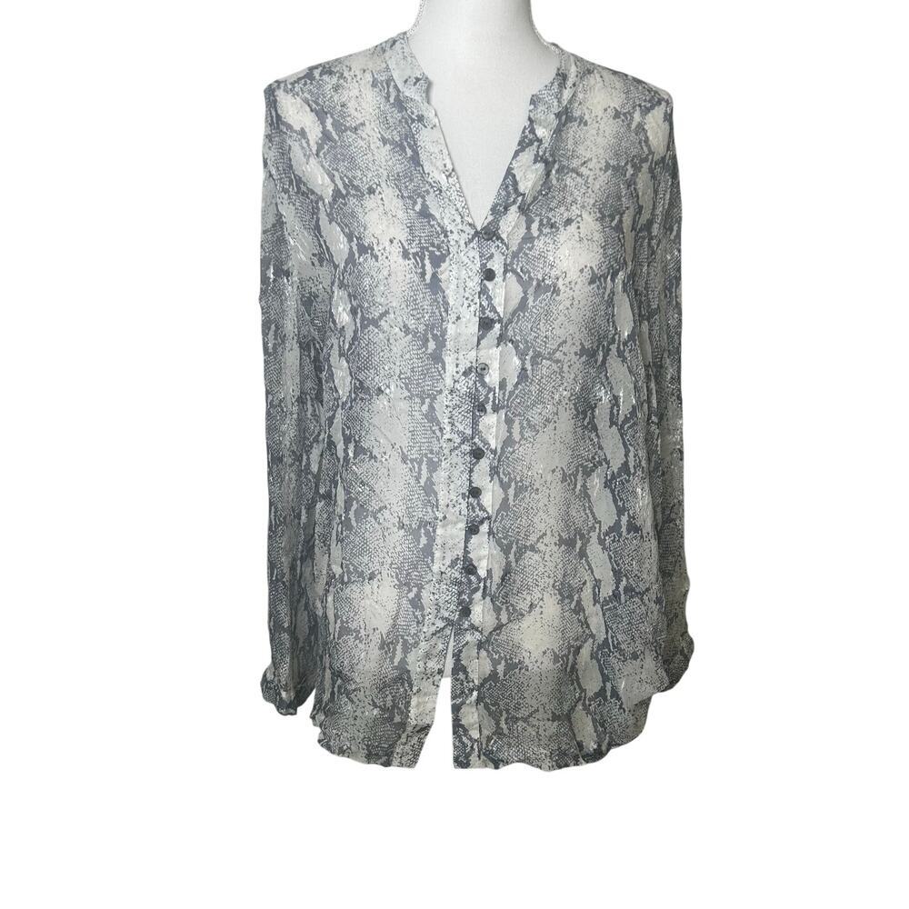 Chico's gray snakeskin semi sheer band collar silk button down size 3 - 16/18 XL